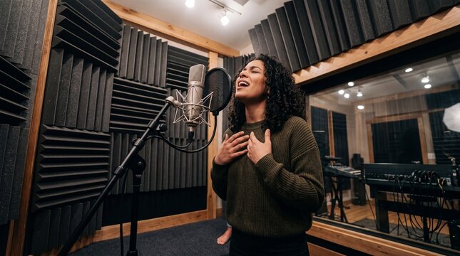 Woman vocalist performs in soundproof recording booth, leaning toward microphone and pop filter with expressive face. Dark acoustic panels, wooden beams, and studio glass create focused music setting.