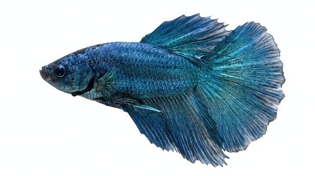 Vibrant blue Siamese fighting fish swimming gracefully isolated against clean solid white studio