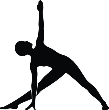 Black silhouette of person in yoga triangle pose, minimalist yoga pose yoga asana minimalist black and white