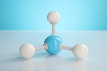 Obraz premium Chemical model of molecule on white table against light blue background, closeup
