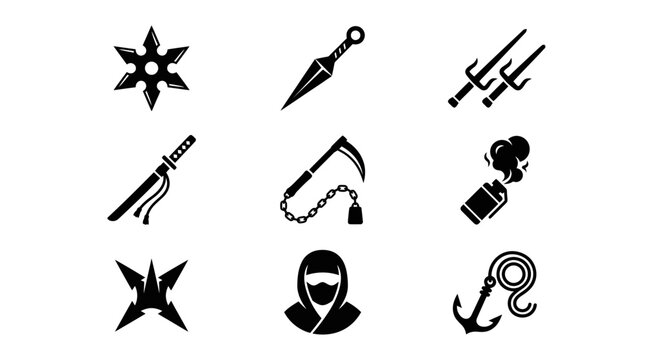 Black ninja weapon and assassin gear icon set.