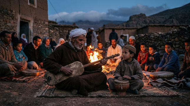 Elderly man plays traditional stringed instrument for community gathering around campfire.