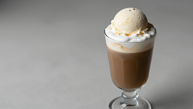 Iced Coffee Delight: A refreshing iced coffee topped with a generous scoop of vanilla ice cream and whipped cream, served in a tall glass, offering a cool and creamy indulgence.
