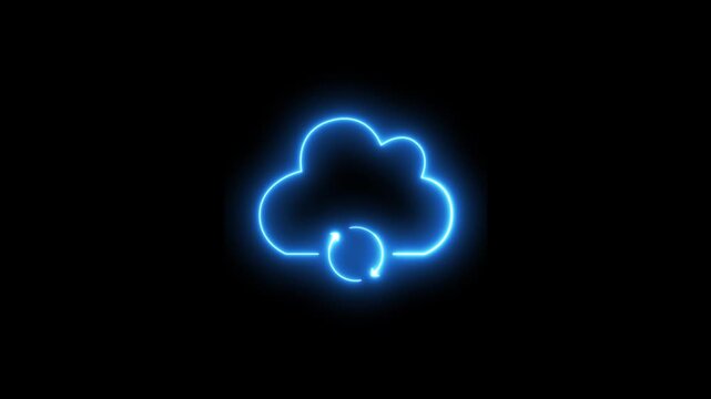 Glowing blue neon cloud and rotating sync arrow animation on black background, data backup, cloud computing, server storage, or network transfer