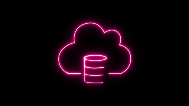 Glowing pink neon cloud database animation on black background, cloud computing, data storage, network hosting, or web server