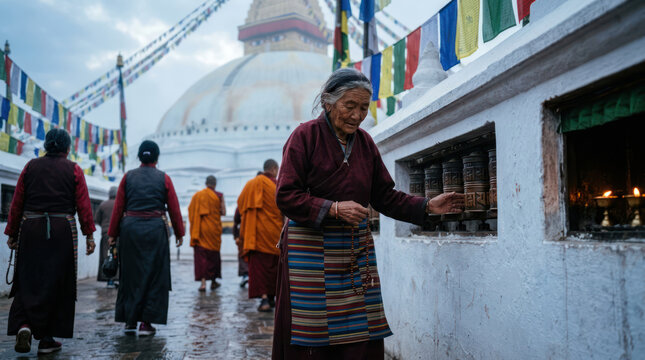 Elderly woman spins prayer wheel at Buddhist stupa with monks walking.