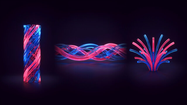 Abstract 3D render of intertwined pink and blue glowing tubes on dark background