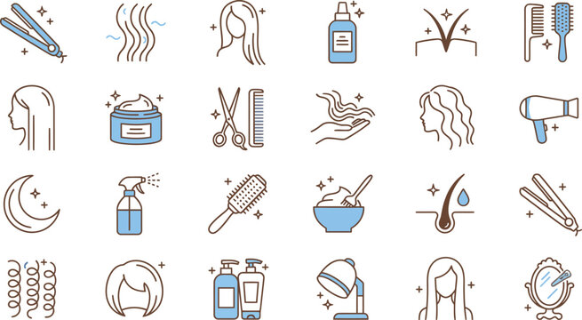 Hair care and salon styling icon set featuring beauty tools scissors shampoo straighteners blow dryers and treatment vector elements
