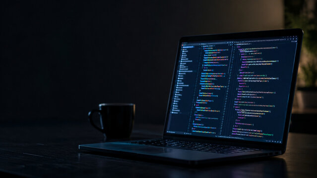 Laptop screen with colorful programming code in dark room