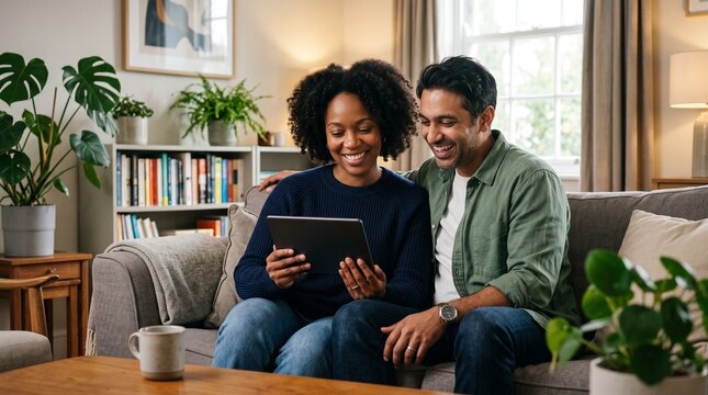 Happy couple of diverse ethnicity enjoying time together on sofa looking at tablet screen