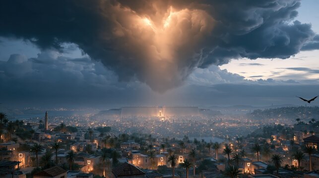 The destroyer passing over ancient Egypt as blood-marked Hebrew homes remain protected during Passover night.