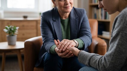 Fototapeta premium Therapist holding hands with patient offering comfort and support during a counseling session
