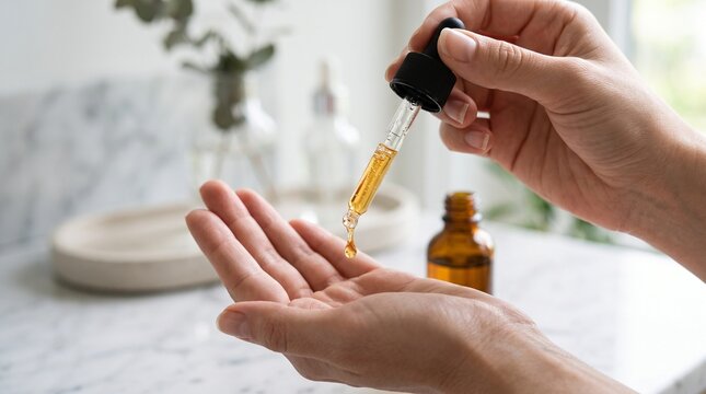 Close up of hands holding a dropper with golden oil dripping onto palm with amber bottle in background