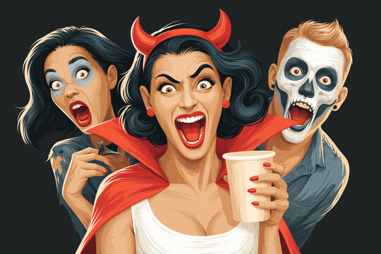 Woman with red devil horns holding paper cup beside zombie and skull makeup friends, vintage comic-style pin-up illustration