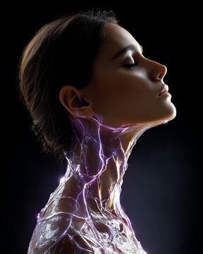 Profile of woman with glowing purple energy lines on neck and skin. Futuristic technological cosmetics and biohacking for rejuvenation. Innovative skincare and beauty science concept