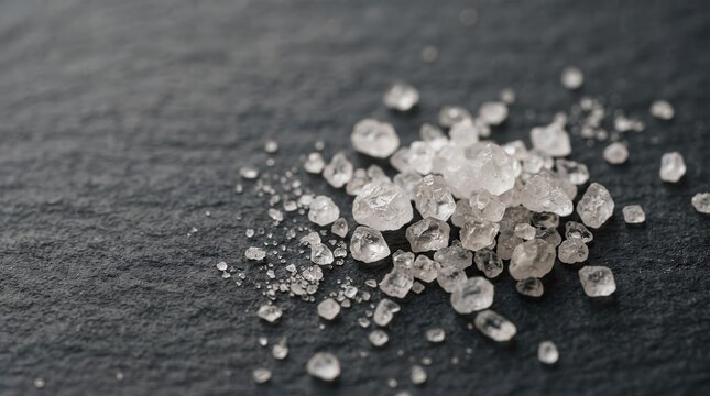 Coarse sea salt crystals scattered across dark slate