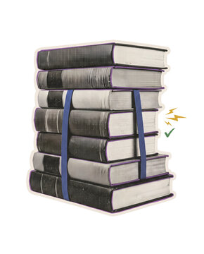Tall stack of hardcover books with approval check for education library academic study and knowledge collection. Vintage paper collage illustration with transparent background and retro cutout.
