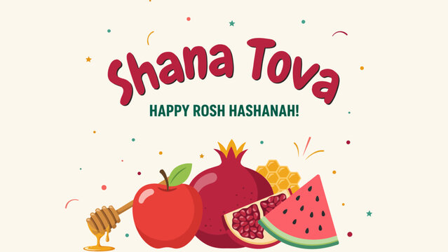 A vibrant illustration depicts traditional jewish new year symbols against a pale background rosh hashanah shanah tova holiday apple