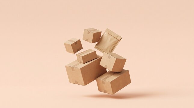 Cardboard Parcel Pile-up: A collection of brown cardboard boxes and parcels in various sizes are captured mid-air, creating a dynamic and playful composition against a soft, peachy background.