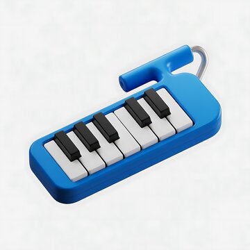 A small blue melodica toy with black and white keys on a light background