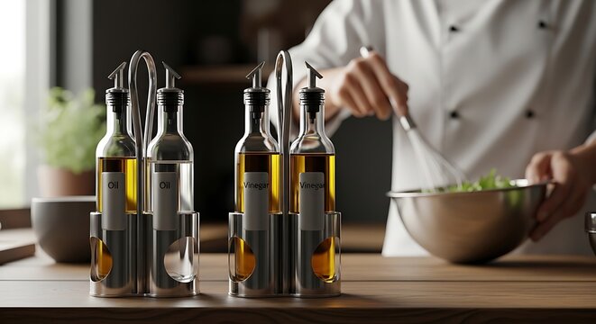 Professional chef prepares a fresh meal in the kitchen while glass cruets filled with organic olive oil and balsamic vinegar sit waiting on the rustic wooden countertop for seasoning the dish