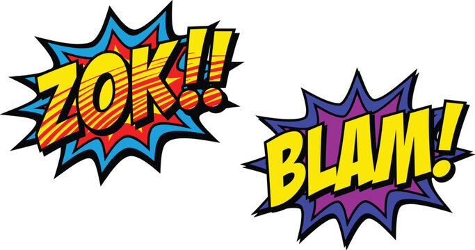 Comic sound effect speech bubble set featuring zok and blam pop art explosive vector text isolated on white
