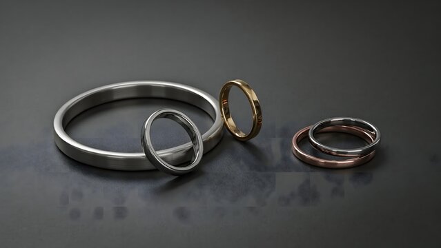 Polished metal rings arranged on a dark grey studio surface &ndash; Great for jewelry marketing, minimal design backdrops, or luxury branding