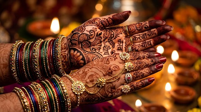 Close up of a womans hands adorned with intricate mehndi designs bangles and rings performing a traditional ritual with blurred lights in the background.