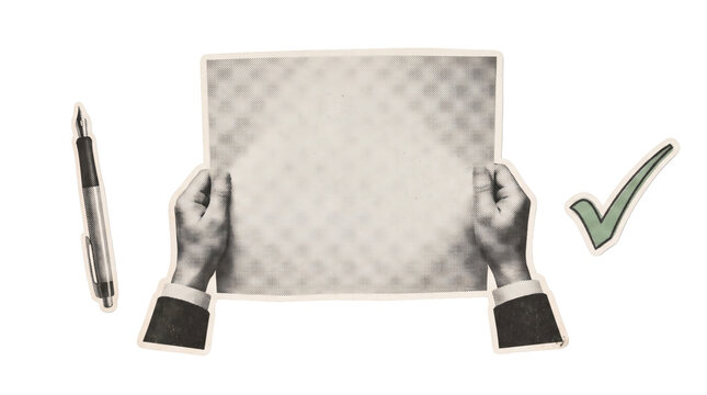 Two hands holding a large blank sheet beside pen and approval check for document template presentation and copy area. Conceptual collage artwork with transparent background and graphic accents.