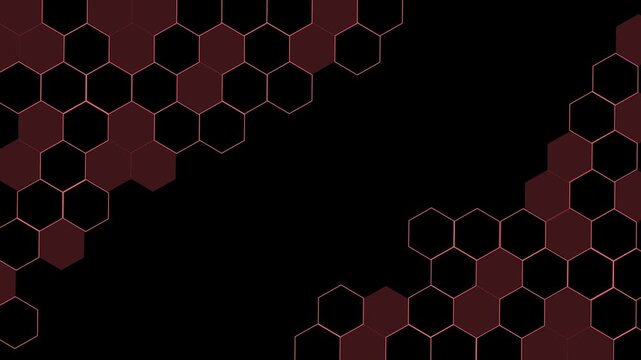 Abstract background with hexagon outlines and filled shapes around the edges animation