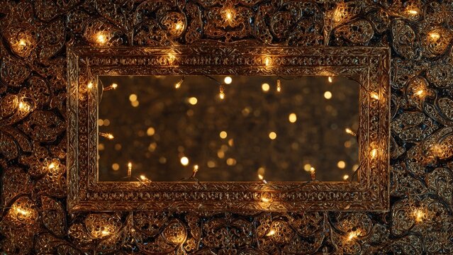 Vintage ornate picture frame surrounded by glowing candles and warm bokeh lights with fairy lights vintage background holiday lights golden sparkle