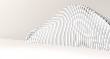 Abstract minimalist white 3D architectural wave structure with rhythmic parallel vertical lines for modern interior background design, featuring smooth curved surfaces and soft natural lighting © 3d stock