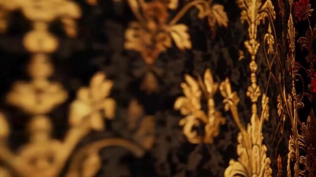 Surreal vintage book made entirely of luxurious Victorian patterns, opening and turning through endless decorative pages with intricate floral details and golden highlights.