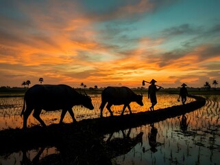 Fototapeta premium Farmers and buffaloes walking in rice paddies during golden sunset