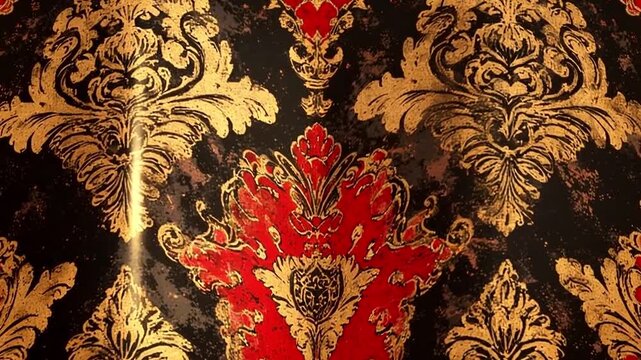 Luxurious vintage floral wallpaper flowing continuously across the frame, with intricate ornamental details and golden reflections creating a refined aesthetic.