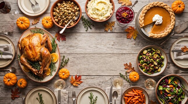 A festive thanksgiving dinner table centerpiece with roasted turkey pumpkin pie mashed potatoes stuffing and autumn harvest vegetables on rustic wooden background