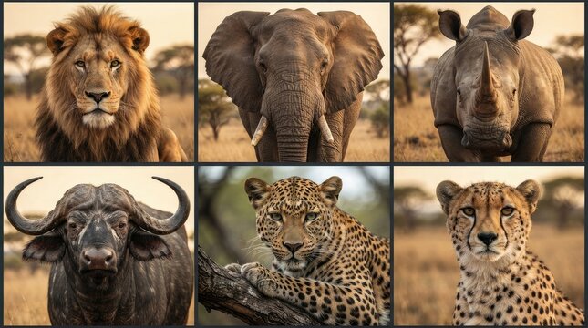 African safari big five and cheetah wildlife grid for World Wildlife Day