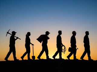 Fototapeta premium Silhouette of manual workers walking with tools at sunset