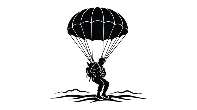 Paratrooper with backpack and parachute is depicted as a silhouette