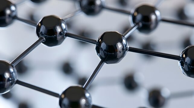 Close up of a two dimensional material structure with glossy spherical nodes connected by rods in a hexagonal lattice pattern
