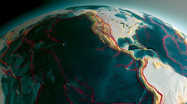 A detailed view of Earth s tectonic plate boundaries highlighted with red lines across continents and oceans
