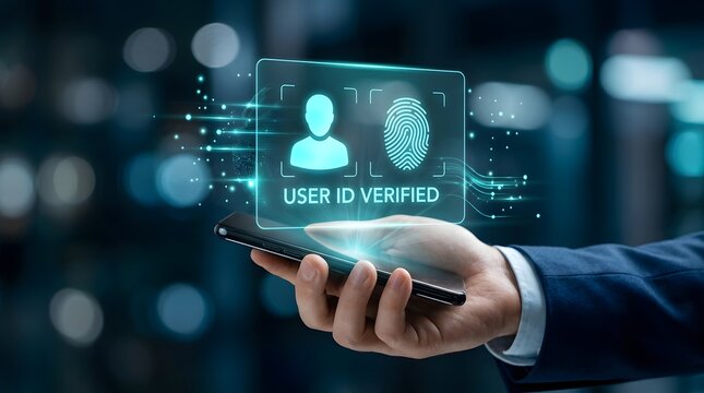 Businessman holding a smartphone with a digital holographic interface for biometric user identity verification and security