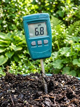 Digital soil pH meter inserted into dark earth with green plants background.