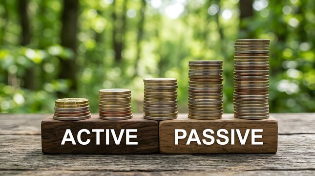 Stacks of coins on wooden blocks labeled active and passive income for financial growth and investment concepts