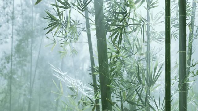 A dense bamboo forest is seen in misty weather. The tall bamboo stalks create a green landscape with leaves visible through the fog. Nature shows its beauty in quiet surroundings.