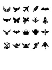 Fototapeta premium Diverse Black Silhouette Icons of Flight Fantasy and Airborne Elements