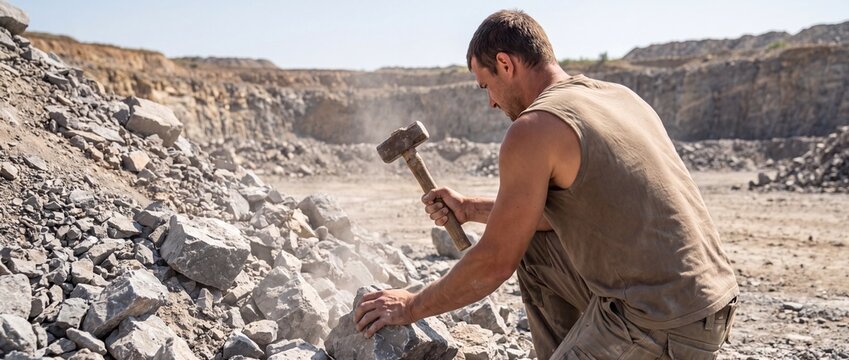 Man breaking rocks with hammer in a quarry