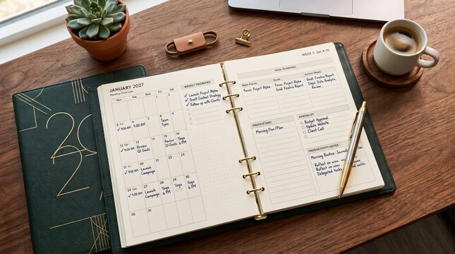 Productivity planner for 2027 open on wooden desk with coffee, succulent, and gold pen. High-angle workspace layout for goal setting, time management, and professional organization.
