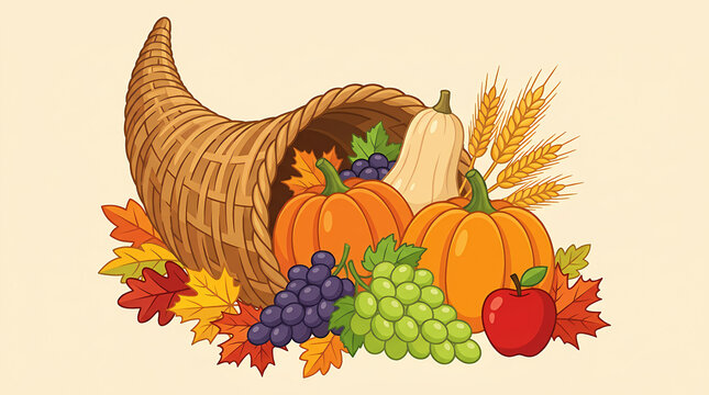 Traditional thanksgiving cornucopia filled with fresh autumn harvest fruits vegetables and colorful fall leaves on beige background