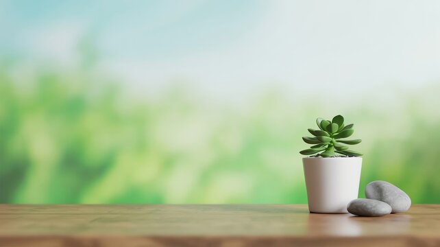 Minimalist green succulent in white pot with zen stones on wooden table blurred nature background